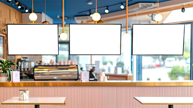 a restaurant with big screen banners,Mock up screen display Restaurant Cafe Menu Food Business, for restaurant marketing, food service industry, digital menu advertising, and customer engagement
