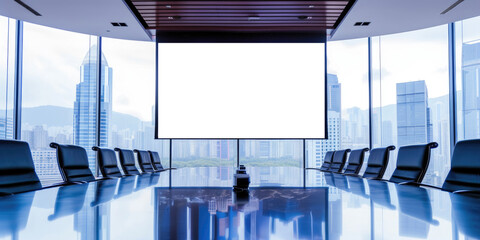 Modern conference room with large screen,  for presentations, meetings, webinars, and business events in corporate environments.Mock up projector screen in  conference room Business  Office building