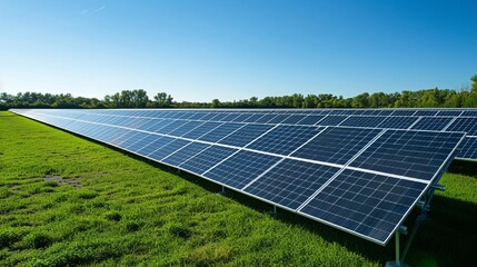 A panoramic view of a solar farm with rows of photovoltaic panels, illustrating the use of renewable energy technology