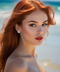 a woman with red hair and a blue dress on a beach with a blue sky in the background