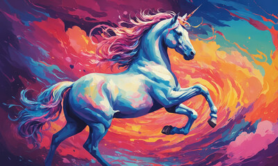 Naklejka na ściany i meble Fantasy Illustration of a wild unicorn Horse. Digital art style wallpaper background in pastel colors.