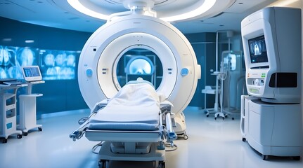 An advanced MRI or CT medical diagnostic device in a hospital laboratory, comprising several connected devices. Generative AI - obrazy, fototapety, plakaty