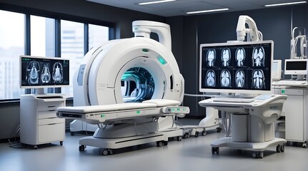 An advanced MRI or CT medical diagnostic device in a hospital laboratory, comprising several connected devices. Generative AI