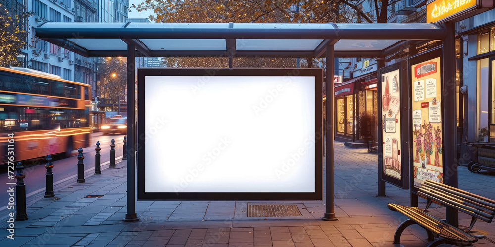 Wall mural empty blackboard advertising on a bus stop,for advertising mockups and urban city concepts in design