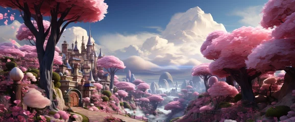 Gordijnen A Whimsical Candyland Landscape With Tower, Background Images And Pictures  © Creative Corner