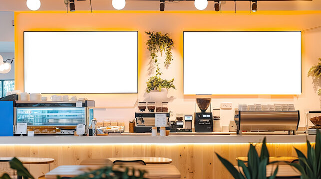 a restaurant with big screen banners,Mock up screen display Restaurant Cafe Menu Food Business, for restaurant marketing, food service industry, digital menu advertising, and customer engagement.