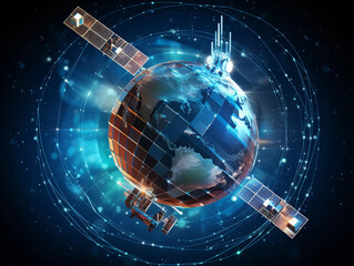 telecom communication satellite orbiting around the globe earth with futuristic technology datum hologram information for online and internet connection and gps space orbit services banner 