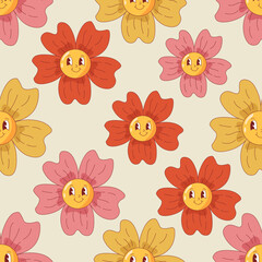 Cute funky flowers seamless pattern. Groovy retro floral characters background with funny blossoms faces. Repeat vector illustration