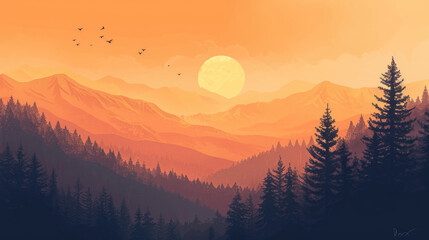 Obraz premium Illustration of a sunset over a beautiful mountain valley with pine tree silhouettes, modern monochrome style