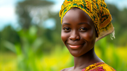 smiling african woman with headscarf portrait - obrazy, fototapety, plakaty