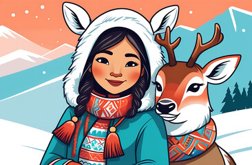 A beautiful Eskimo girl in national clothes standing in tundra with a deer. Close-up. Snowy tundra in the background.