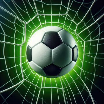 soccer ball in net goal moment on green background