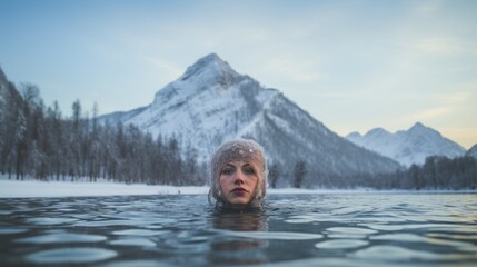 A young woman swimming in a cold lake or river in winter against the background of a blurred snowy landscape and houses. Tempering, health, hobbies and lifestyle concepts.