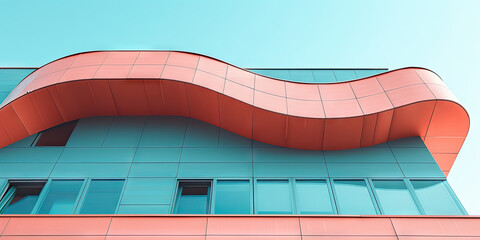 Red curved bench on blue background. for outdoor furniture ads, park or garden promotional materials, and seatingrelated. Architecture details Metal sheet Facade curve pattern Building exterior 