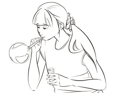 Clip art: girl playing with soap bubbles