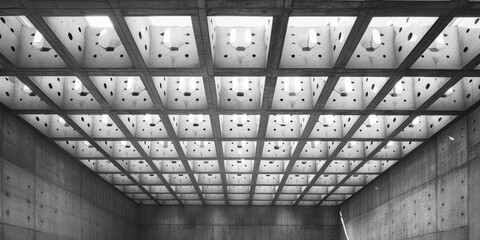 the roof of an auditorium in a concrete building, Cement panel ceiling square block pattern Lighting Architecture details, A modern and stylish representation of architectural design. for contemporary - obrazy, fototapety, plakaty