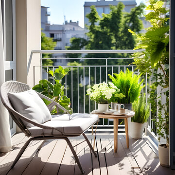 beautiful balcony or terrace with wooden floor chair and green potted flowers plants cozy relaxing