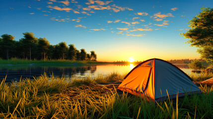 Tent on Lake Shore, A Serene Retreat Amidst Natures Beauty. Hiking and outdoor recreation.