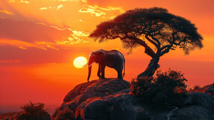 African elephant on savanna at sunset. Wildlife and nature.