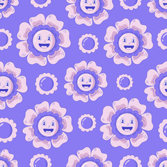 Violet groovy floral seamless pattern. Funky whimsical hand drawn background with happy cartoon flowers. Girly cute trendy repeat vector illustration in Japanese anime style
