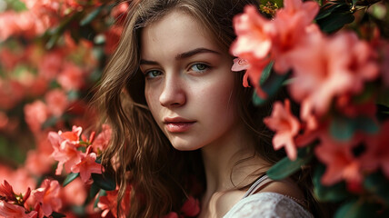 Portrait of a beautiful young girl on a background of spring flowers