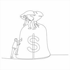 continuous line of businessman helping his friend get up to the money bag vector illustration with black lines isolated on white background