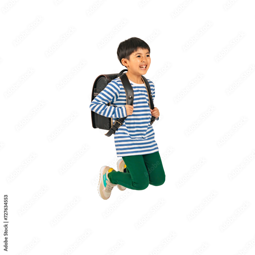 Poster ランドセルを背負って笑顔でジャンプする小学生の男の子　手作業で精密に切り抜いた背景透過全身写真png