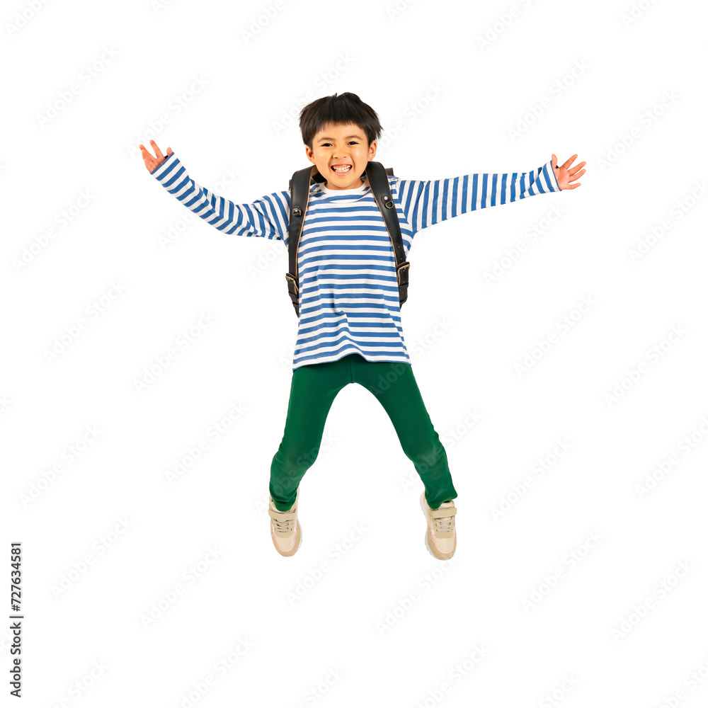 Aufkleber ランドセルを背負って笑顔でジャンプする小学生の男の子　手作業で精密に切り抜いた背景透過全身写真png