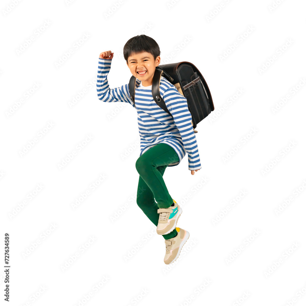 Aufkleber ランドセルを背負って笑顔でジャンプする小学生の男の子　手作業で精密に切り抜いた背景透過全身写真png