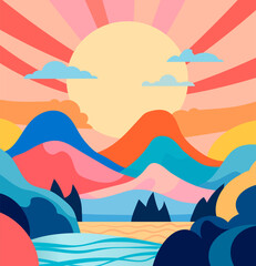 Fototapeta na wymiar stylized vector landscape sunset in the mountains