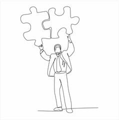 continuous line businessman holding puzzle above his head sketch hand drawn vector illustration with black lines isolated on white background