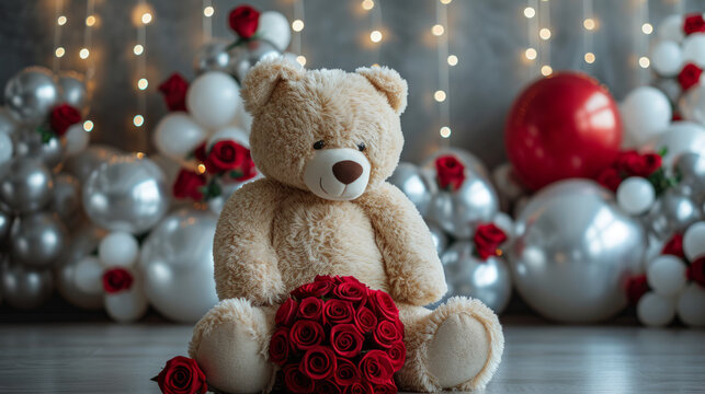 teddy bear with a balloon and rose