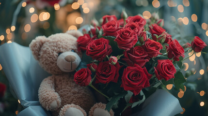 a bouquet of red roses and a teddy bear