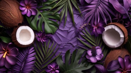 Tropical background. Vibrant display of tropical flora, featuring the textures and patterns of coconut, fern, monstera, and banana leaves, accented with purple hues