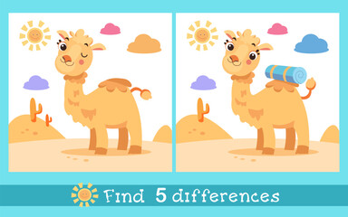 Find 5 differences. Educational puzzle game for children. Cartoons funny animals, plants. Vector illustration. Cute one-humped African camel with load on back in desert. 