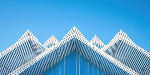 white building structure with a blue sky, Steel pattern White line geometric form Architecture details Blue sky background. Modern skyscraper with a soaring glass exterior against a clear blue sky. 