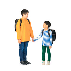 Obraz premium ランドセルを背負って手を繋ぐ小学生の兄弟 手作業で精密に切り抜いた背景透過全身写真PNG