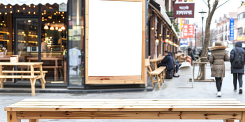 White billboard on wooden wall in front cafe for advertising, mockup, announcements, promotions, and digital marketing.Blank Poster frame template Digital screen Supermarket Advertising banner