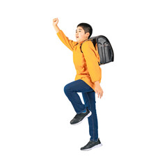 ジャンプするランドセルを背負ったの小学生の男の子　手作業で精密に切り抜いた背景透過全身写真PNG