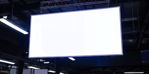 Large hanging screen in building ,for digital advertising, event announcements, live streaming, informational displays, and public messaging.Mockup LCD Screen Blank digital tv Media display  - obrazy, fototapety, plakaty