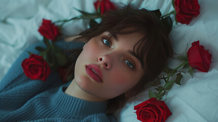 Portrait. Woman laying in bed with roses
