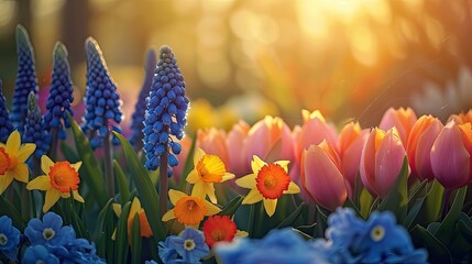 Spring flowers in sunny day in nature, Hyacinths, Crocuses, Daffodils, tulips, Colorful natural spring background, AI generated 