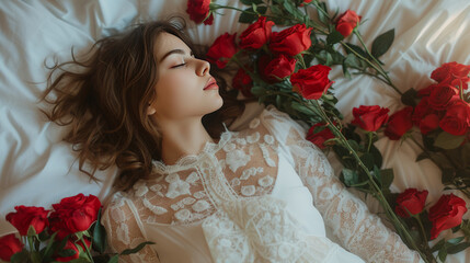 Beautiful girl lying in roses.