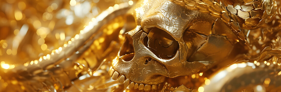 Golden skull and snake close up, texture