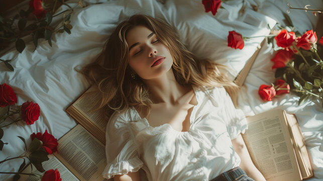 woman on bed with books and roses