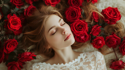 Beautiful girl lying in roses.