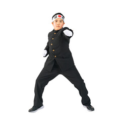 エールを送る学ランを着た応援団　手作業で精密に切り抜いた背景透過全身写真PNG