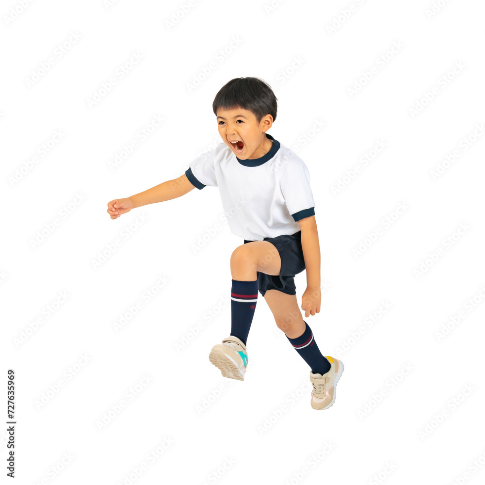 Poster ジャンプする体操服を着た男の子　手作業で精密に切り抜いた背景透過全身写真png