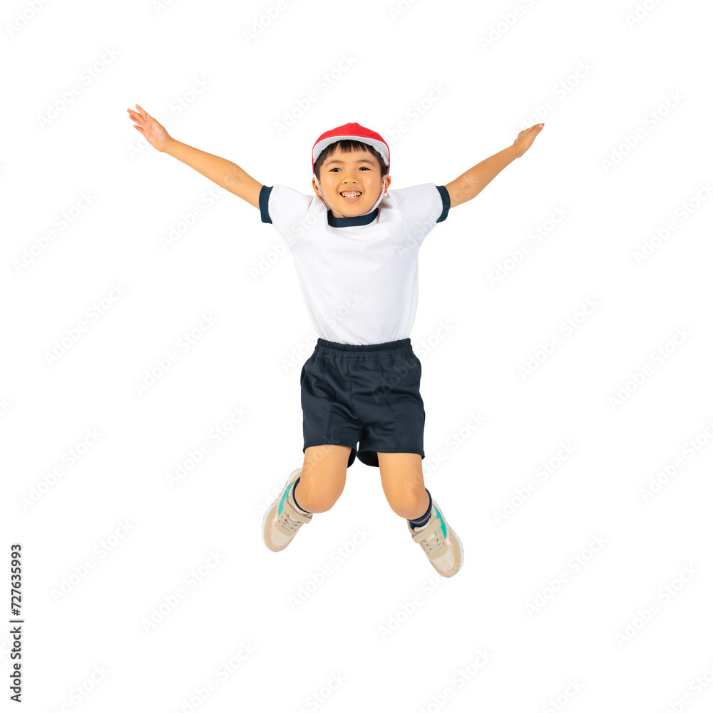 Poster ジャンプする体操服を着た男の子　手作業で精密に切り抜いた背景透過全身写真png