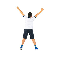 ジャンプする体操服を着た男の子の後ろ姿　手作業で精密に切り抜いた背景透過全身写真PNG